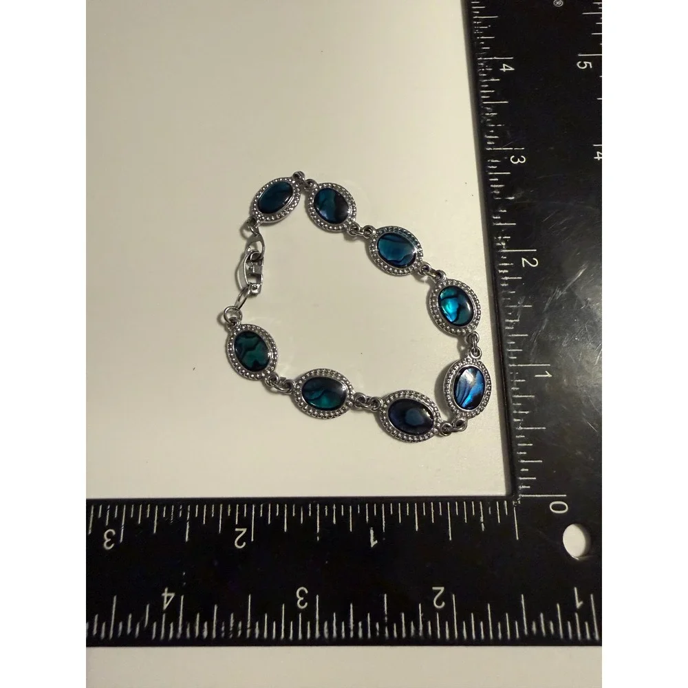 Silver Tone Abalone Shell Inlay Oval Link Bracelet Blue Green Iridescent 7.5